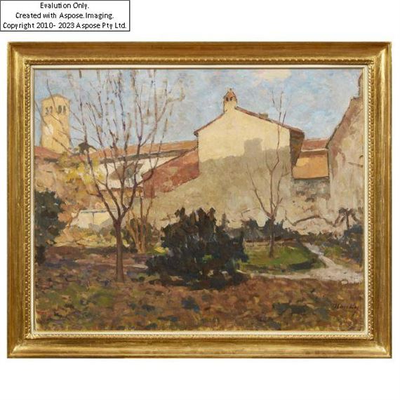 "A sun-drenched courtyard scene featuring a white building and bare trees."