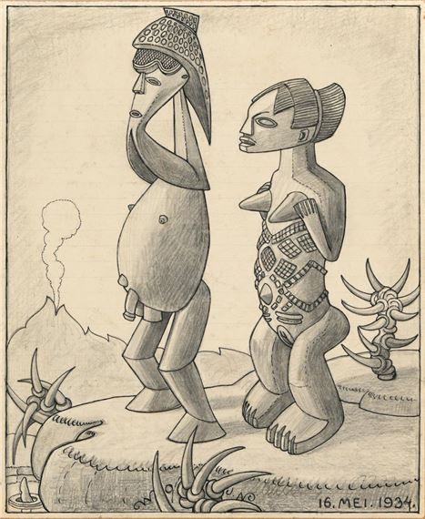 A black-and-white drawing of two stylized figures standing in a barren landscape with spiky plants and distant hills.