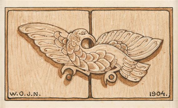 A stylized woodcut illustration of a winged bird with intricate feather details.