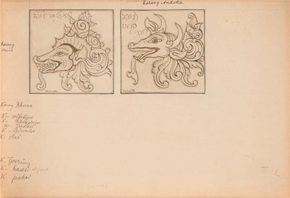 A sketchbook page featuring two detailed line drawings of mythical creature heads with ornate, swirling hair.