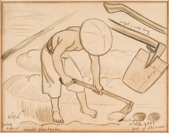 A sketch of a figure bent over, working with tools in an outdoor setting.