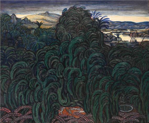 A dense tropical landscape rendered in dark greens and blues with a textured, almost sculptural quality.