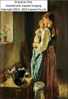 Schwester mit Brüderchen auf dem Arm, im Interieur mit vier Katzen, signiert unten links, J. v. Molitor, Öl auf Holz, 3 Gratleisten, eine fehlt, ca. 60 x 43,5 cm, Retuschen, teilvergoldeter ornamental verzierter, neobarocker Prunkrahmen, (78,5 x 61 - Josef von Molitor von Mühlelfeld