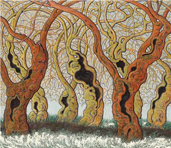 A vibrant graphic print of a forest with twisting tree trunks and a French flag.