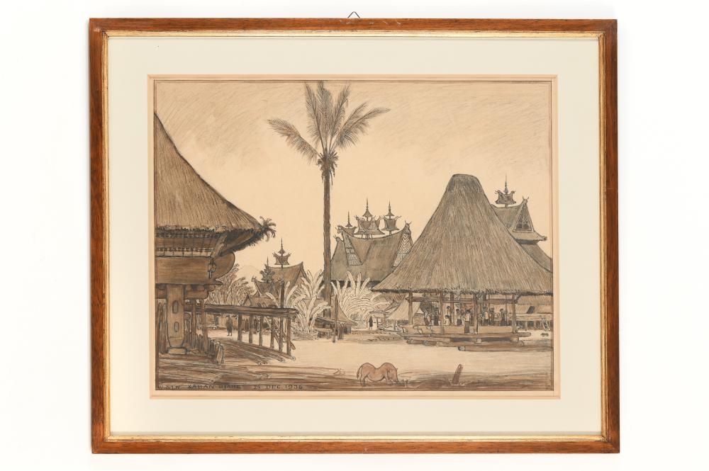 A sepia-toned sketch of a village with thatched-roof structures and a lone horse.