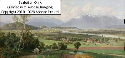 Weiter Blick auf Salzburg mit Salzach und Pferdefuhrwerk sowie Rindern von Maria Plain aus gesehen, signiert und datiert unten rechts: O. v. Ruppert (18)94, München, Öl auf Leinwand, ca. 46,5 x 97 cm, Keilrahmenabdruck, teilvergoldeter dunkelbrauner Rahmen (65,5 x 116 by Otto von Ruppert, (18)94
