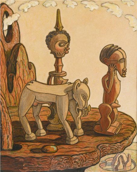 A surreal still life featuring a stylized dog, a seated figure, and an abstracted head on a pedestal against a warm-toned background.
