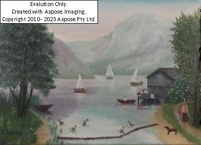 Artwork by Regine Dapra, Altaussee mit Segelbooten, signiert unten links: R. Dapra, betitelt und datiert rückseitig am Keilrahmen: 1983, Öl auf Leinwand, ca.25,5x 35,5 cm, gerahmt (ca.31,5 x 41,5 cm), oben zwei leichte rote Farbstreifen Ruf 600, Made of oil on canvas