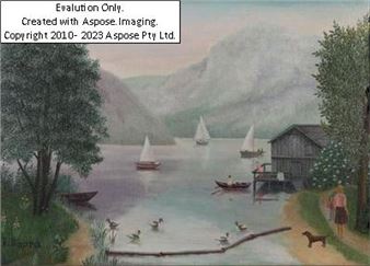 Altaussee mit Segelbooten, signiert unten links: R. Dapra, betitelt und datiert rückseitig am Keilrahmen: 1983, Öl auf Leinwand, ca.25,5x 35,5 cm, gerahmt (ca.31,5 x 41,5 cm), oben zwei leichte rote Farbstreifen Ruf 600 - Regine Dapra
