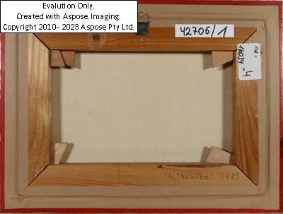 Artwork by Regine Dapra, Altaussee mit Segelbooten, signiert unten links: R. Dapra, betitelt und datiert rückseitig am Keilrahmen: 1983, Öl auf Leinwand, ca.25,5x 35,5 cm, gerahmt (ca.31,5 x 41,5 cm), oben zwei leichte rote Farbstreifen Ruf 600, Made of oil on canvas