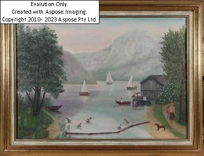 Artwork by Regine Dapra, Altaussee mit Segelbooten, signiert unten links: R. Dapra, betitelt und datiert rückseitig am Keilrahmen: 1983, Öl auf Leinwand, ca.25,5x 35,5 cm, gerahmt (ca.31,5 x 41,5 cm), oben zwei leichte rote Farbstreifen Ruf 600, Made of oil on canvas