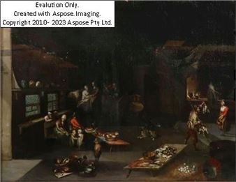 Interieur und Küche mit Feuerstätte, Personenszenen, Hund, sowie Kupfertöpfen, Fischen, Geflügel, Muscheln und Eiern, Öl auf Leinwand, ca. 48 x 32 cm, alt retuschiert, restauriert und auf Sackleinen mit rückseitigem datiertem Aufdruck von 1937, doubliert, stark nachgedunkelt, beschädigter vergoldeter Holzrahmen (57 - Franz Josef Textor