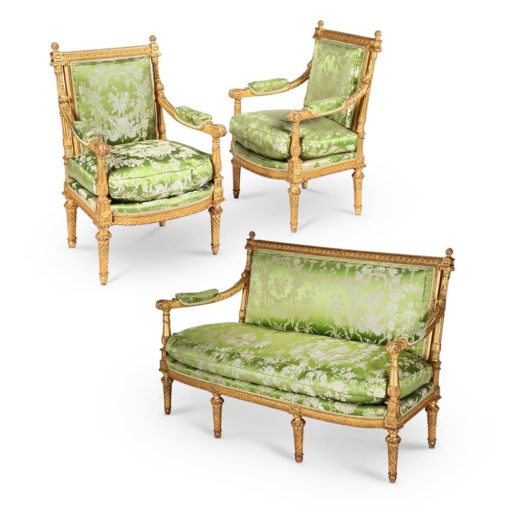 Artwork by Jean-Baptiste-Claude Sené, A CARVED GILTWOOD SALON SUITE COMPRISING A SETTEE AND A PAIR OF FAUTEUILS A LA REINE, 19TH CENTURY, Made of CARVED GILTWOOD