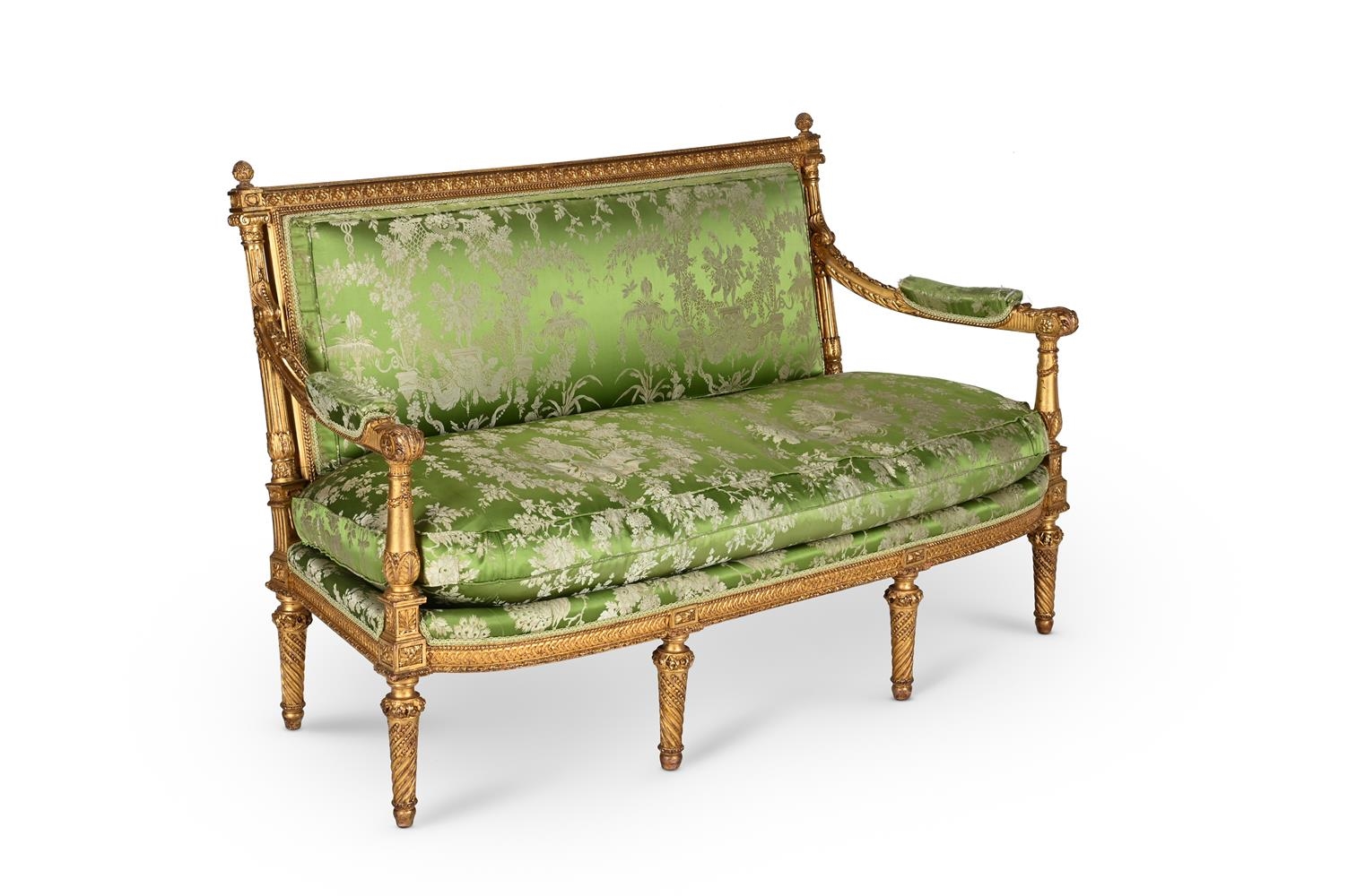 Artwork by Jean-Baptiste-Claude Sené, A CARVED GILTWOOD SALON SUITE COMPRISING A SETTEE AND A PAIR OF FAUTEUILS A LA REINE, 19TH CENTURY, Made of CARVED GILTWOOD