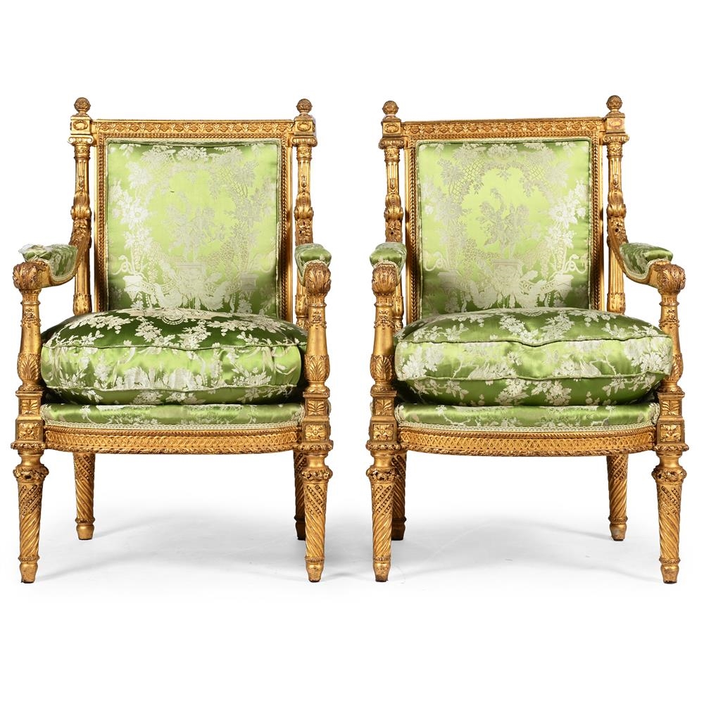 Artwork by Jean-Baptiste-Claude Sené, A CARVED GILTWOOD SALON SUITE COMPRISING A SETTEE AND A PAIR OF FAUTEUILS A LA REINE, 19TH CENTURY, Made of CARVED GILTWOOD