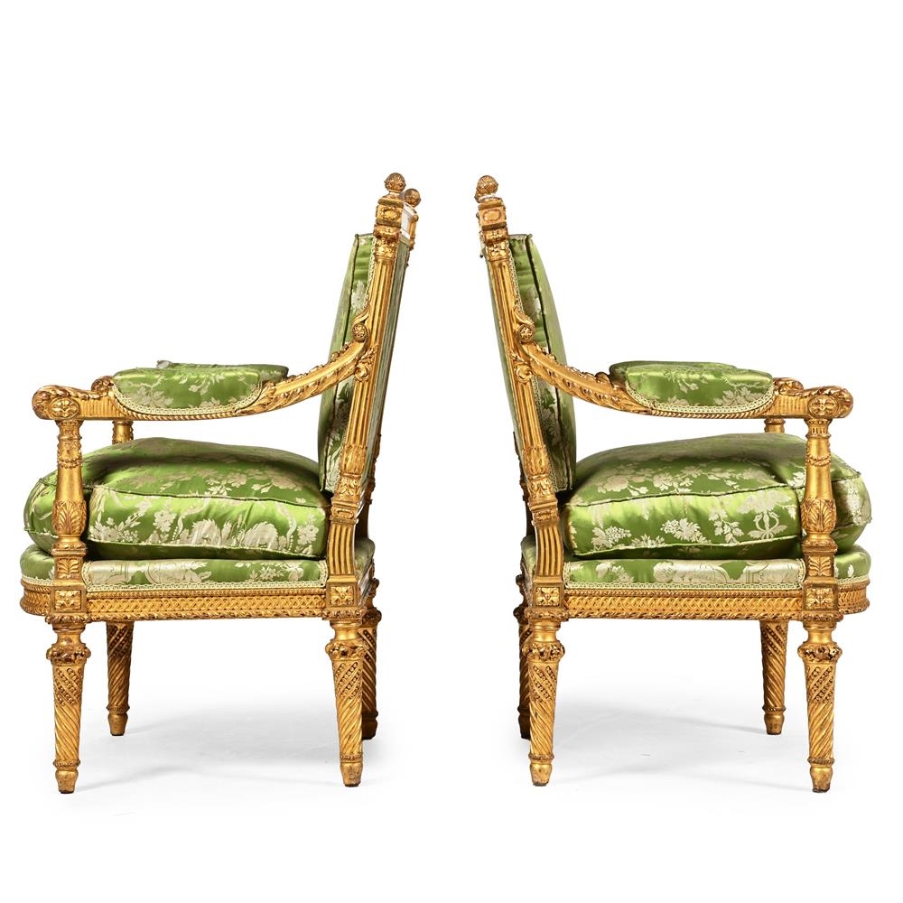 Artwork by Jean-Baptiste-Claude Sené, A CARVED GILTWOOD SALON SUITE COMPRISING A SETTEE AND A PAIR OF FAUTEUILS A LA REINE, 19TH CENTURY, Made of CARVED GILTWOOD