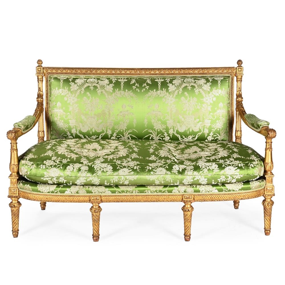 Artwork by Jean-Baptiste-Claude Sené, A CARVED GILTWOOD SALON SUITE COMPRISING A SETTEE AND A PAIR OF FAUTEUILS A LA REINE, 19TH CENTURY, Made of CARVED GILTWOOD