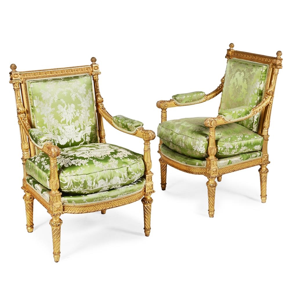 Artwork by Jean-Baptiste-Claude Sené, A CARVED GILTWOOD SALON SUITE COMPRISING A SETTEE AND A PAIR OF FAUTEUILS A LA REINE, 19TH CENTURY, Made of CARVED GILTWOOD