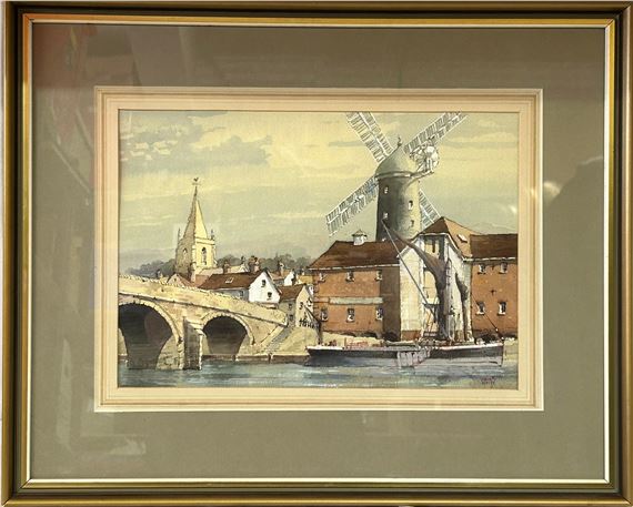 A village scene with moored boat by a bridge and windmill in the background by Colin Verity