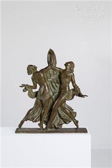 Andrée GUERVAL (1894-1995) Dancers with scarves Antique green patina bronze sculpture with brown shading. Signed on the terrace "Guerval". Foundry mark "Cire perdue" and "Susse Fr Ed Paris". Early edition cast - Raymonde Guerbe