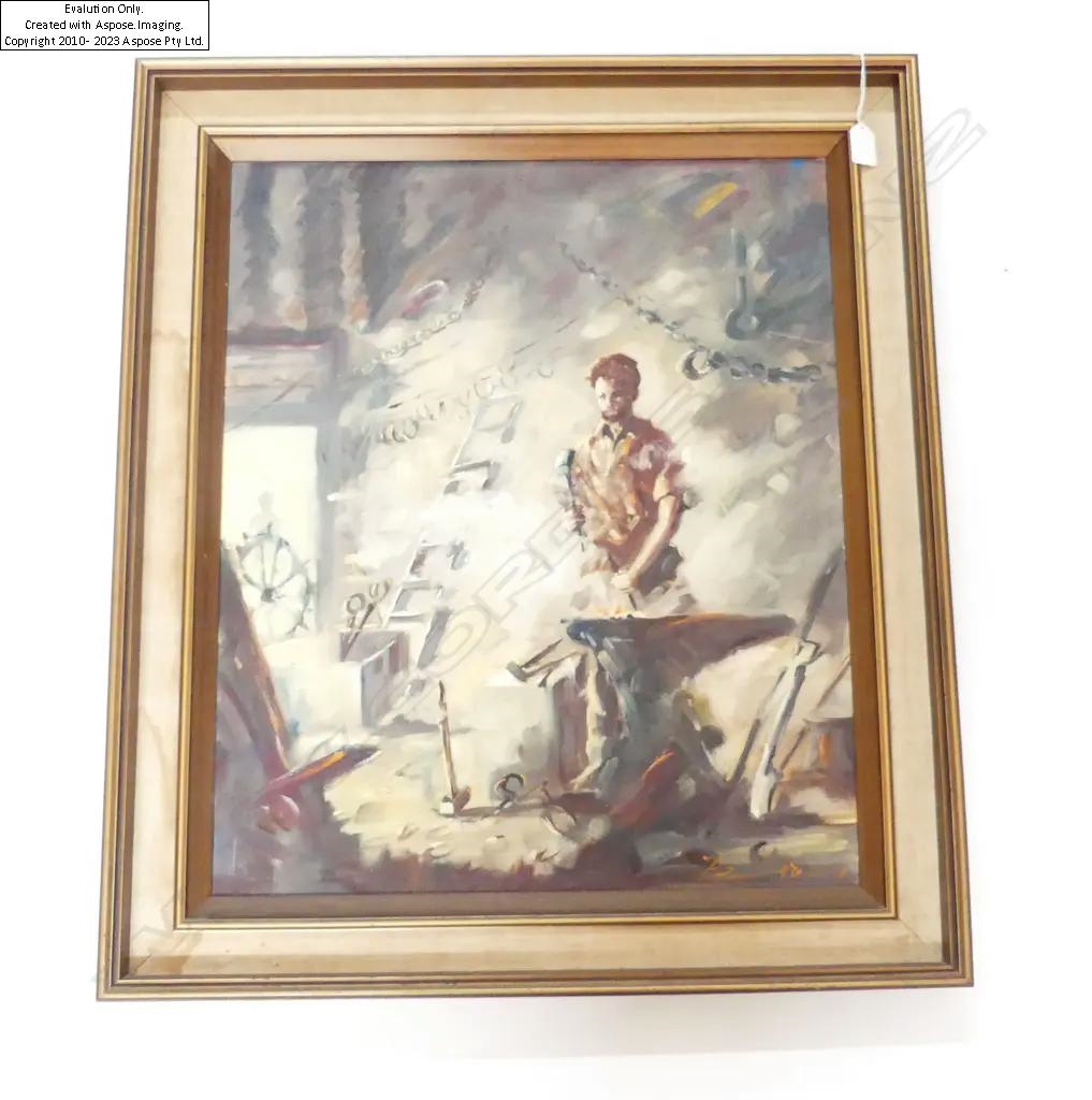 Artwork by Heinz Boehnke, HEINZ BOEHNKE THE BLACKSMITH oil on board framed 610 x 500 mm, Made of oil on board