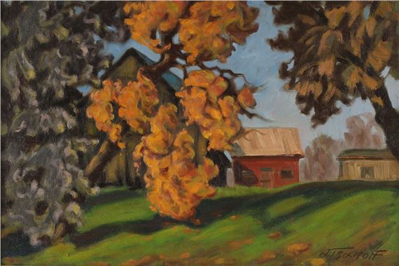 Nikolas Tzanoff Oil on Board, Fall Farm Landscape - Nikos Tzanoff
