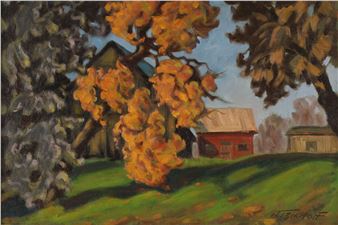 Nikolas Tzanoff Oil on Board, Fall Farm Landscape - Nikos Tzanoff