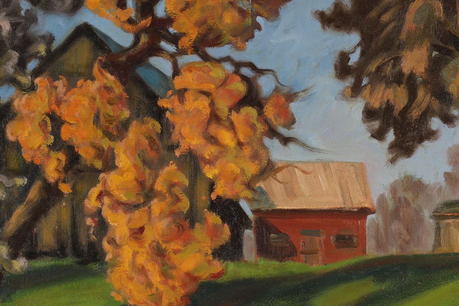 Artwork by Nikos Tzanoff, Nikolas Tzanoff Oil on Board, Fall Farm Landscape, Made of oil on board
