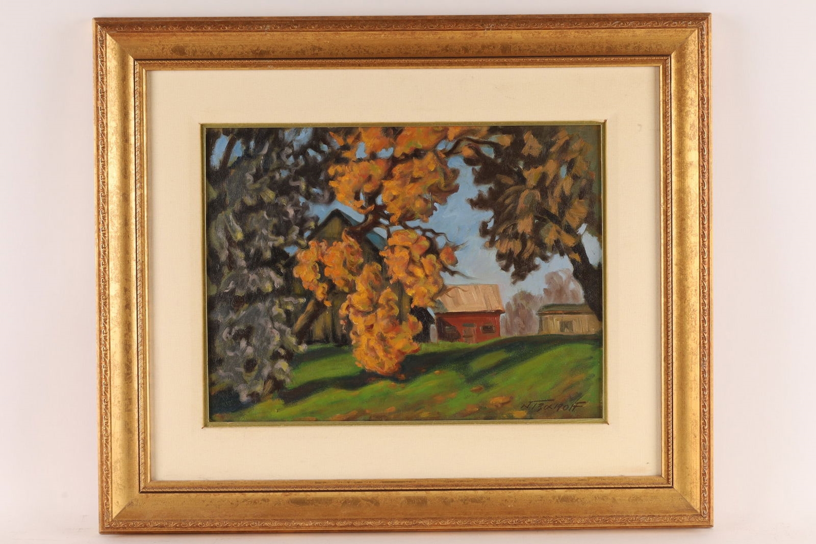 Artwork by Nikos Tzanoff, Nikolas Tzanoff Oil on Board, Fall Farm Landscape, Made of oil on board