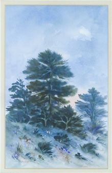 Judy Baird Trees and Field Scene Watercolor 20''x16'' Framed - Judy Baird