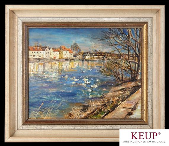 ''Regensburg - Donauufer mit Blick auf die Badstraße, im Vordergrund Enten'' by Gerhard Prechtl