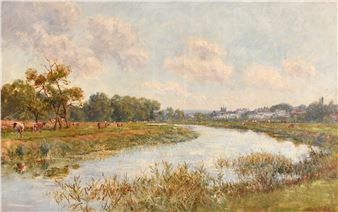 Cattle watering in a meadow with a church beyond - John C. Staples