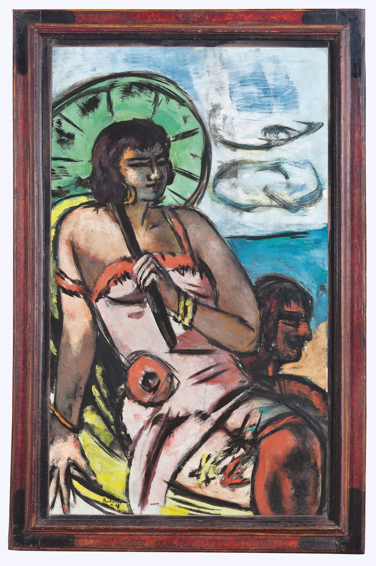 Artwork by Max Beckmann, Quappi mit grünem Sonnenschirm”. 1938, Made of Oil on canvas