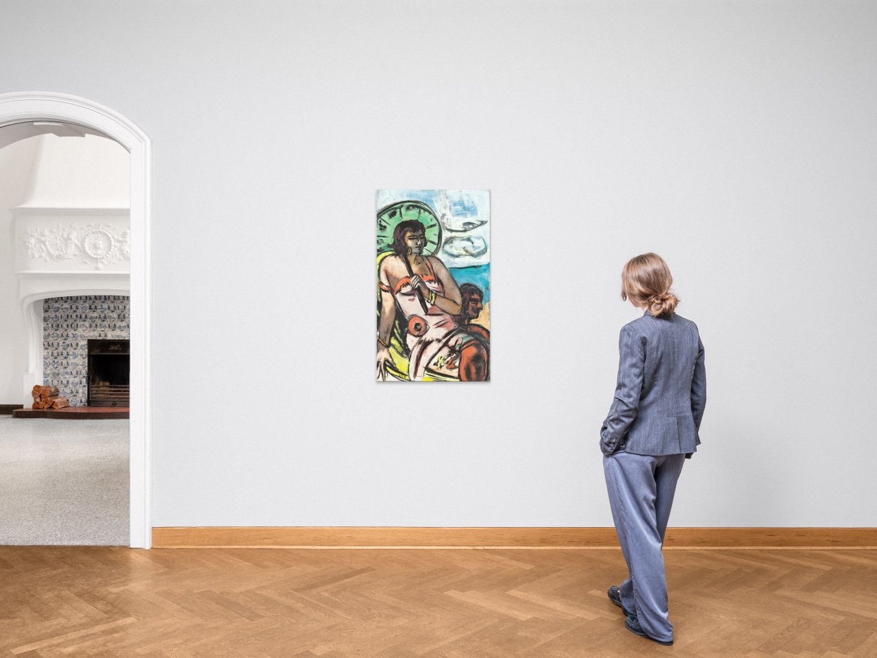 Artwork by Max Beckmann, Quappi mit grünem Sonnenschirm”. 1938, Made of Oil on canvas