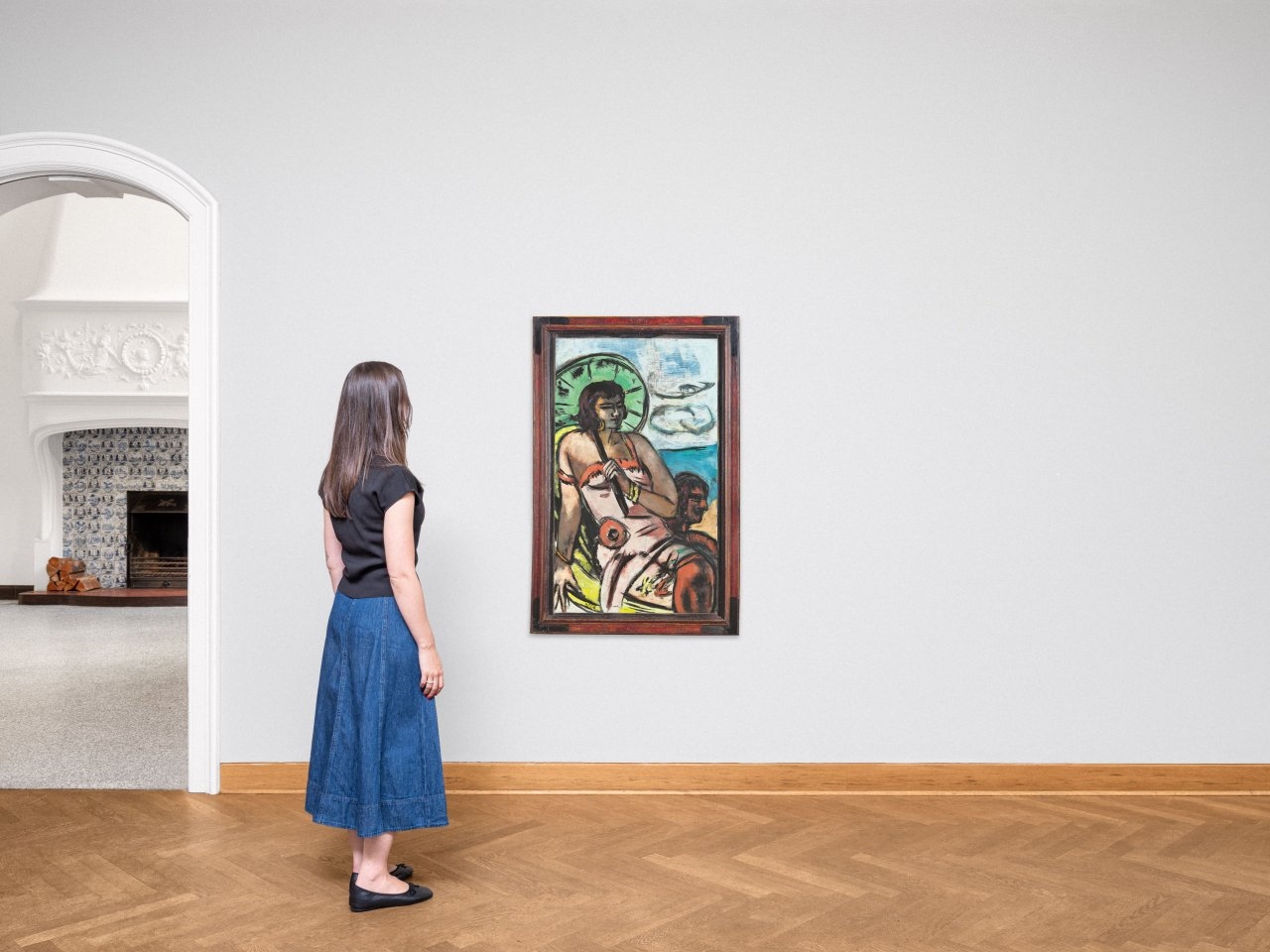 Artwork by Max Beckmann, Quappi mit grünem Sonnenschirm”. 1938, Made of Oil on canvas