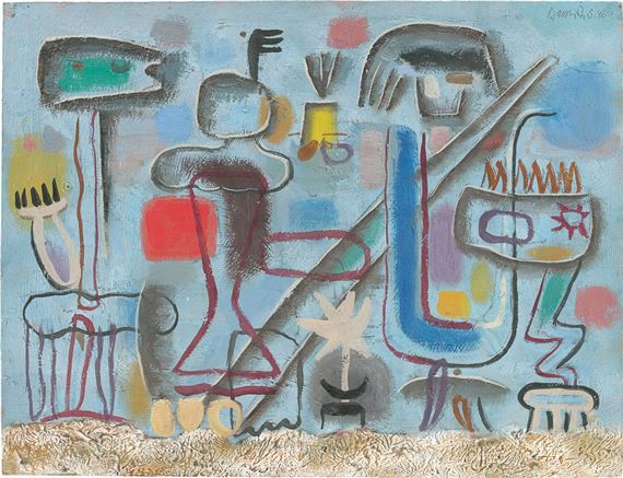 Blau mit rotem Quadrat (Figuren in Landschaft)”. 1946 by Willi Baumeister, 1946