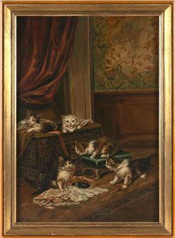 Interior scene with several cats - Jules LE Roy