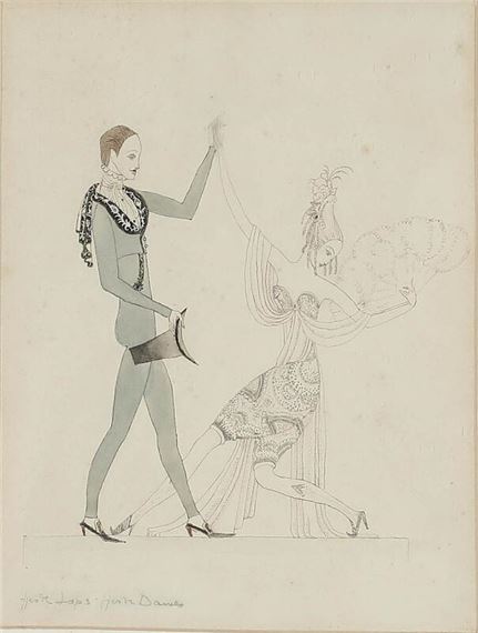 A stylized illustration of a figure in a suit and another figure in an ornate dress, rendered in sketchy lines with muted colors.