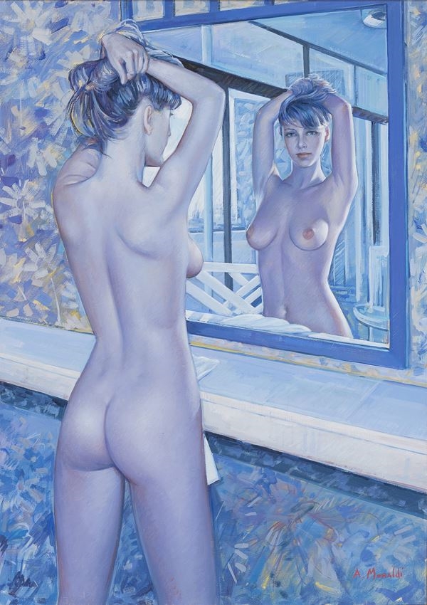 Artwork by Alfredo Moraldi, Nudo allo specchio, Made of oil on canvas