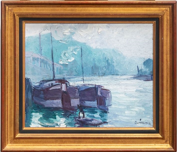 Artwork by Pierre Letrividic, Barges alongside the Seine, Made of Oil on canvas