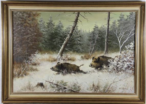 Wildschweine auf einer verschneiten Waldlichtung by Karl Hans Boese