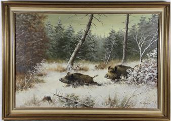Wildschweine auf einer verschneiten Waldlichtung - Karl Hans Boese