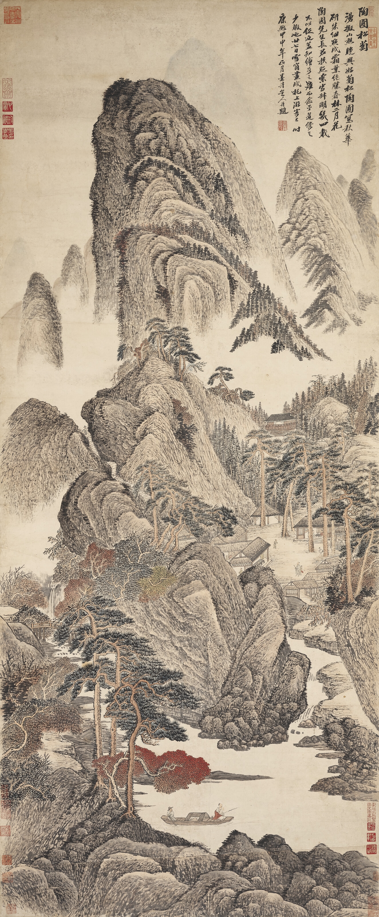 Artwork by Wu Li, Landscape with Pines and Chrysanthemums for Taopu, Made of Hanging scroll, ink and colour on paper