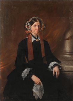 Portrait of a Woman Holding Lace Handkerchief with Floral Bonnet - Reinhardt Willem Kleijn