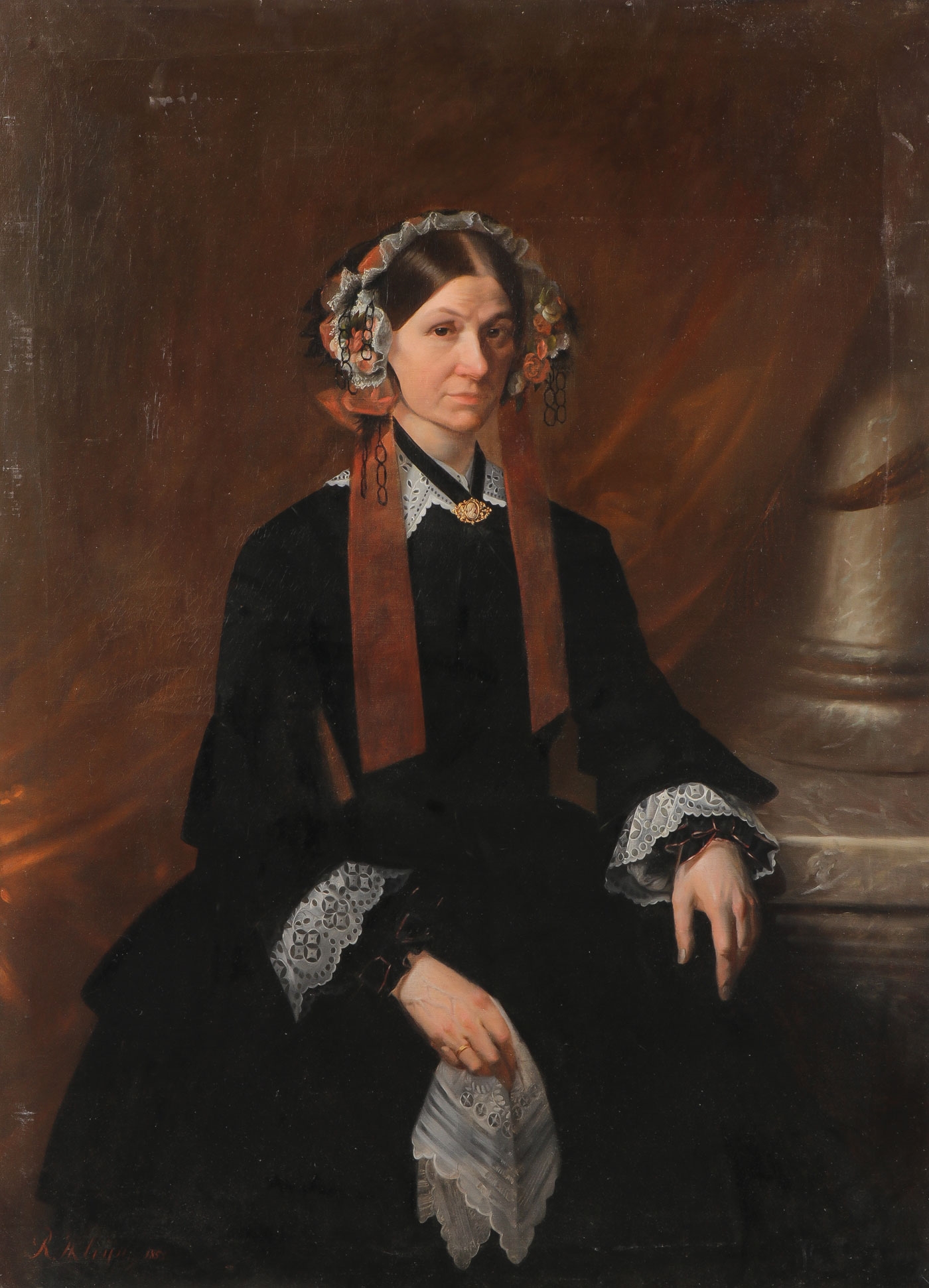 Artwork by Reinhardt Willem Kleijn, Portrait of a Woman Holding Lace Handkerchief with Floral Bonnet, Made of Oil on canvas