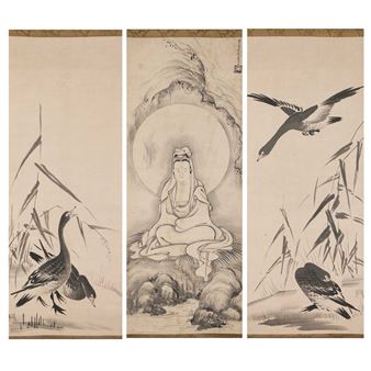 THREE JAPANESE SCROLLS OF KANNON, REEDS AND WILD GEESE - Sessyu, Syugetsu
