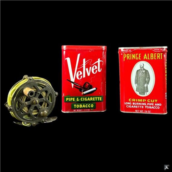Antique Wooden Handle Fishing Reel & Tobacco Cans - Prince Albert