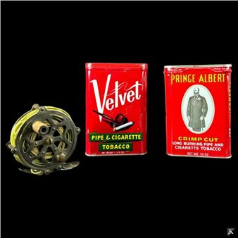 Antique Wooden Handle Fishing Reel & Tobacco Cans - Prince Albert