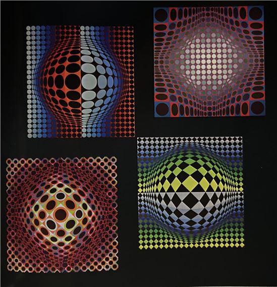 Victor Vasarely | MULTIPLE PATTERNS ON BLACK BACKGROUND (1971) | MutualArt