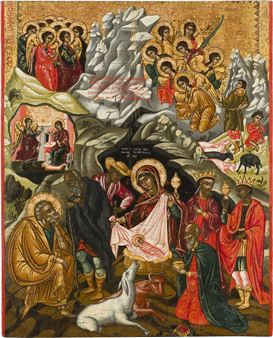 GROSSE UND FEINE IKONE MIT DER VERKÜNDIGUNG UND DER GEBURT CHRISTI - Theodore Poulakis